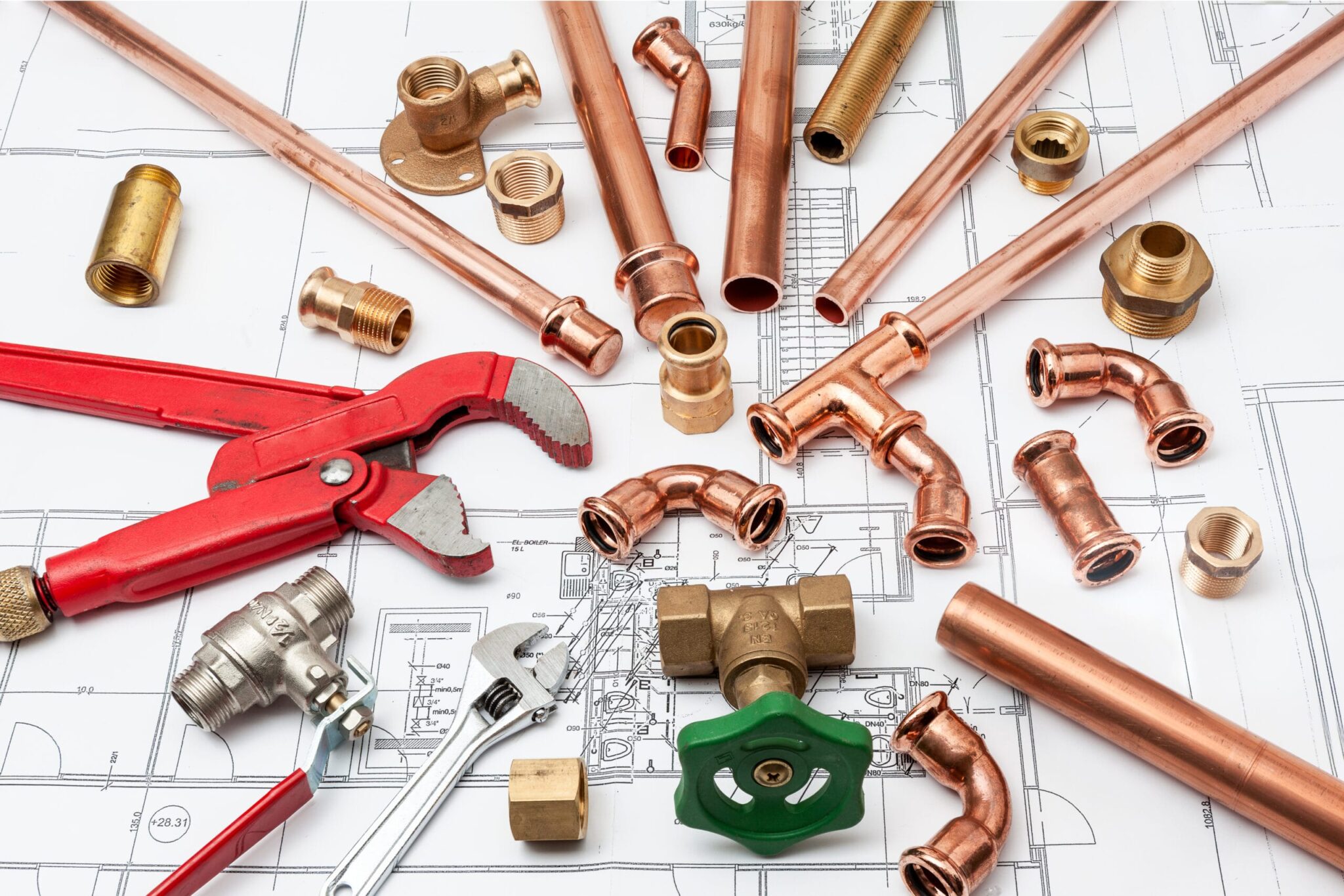 Copper pipes, fittings, valves, and plumbing tools in Hollywood
