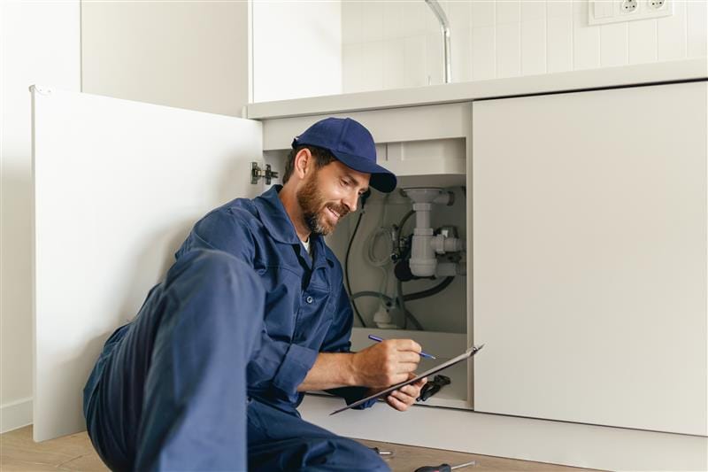 Residential plumber reviewing plumbing repairs in a Hollywood kitchen