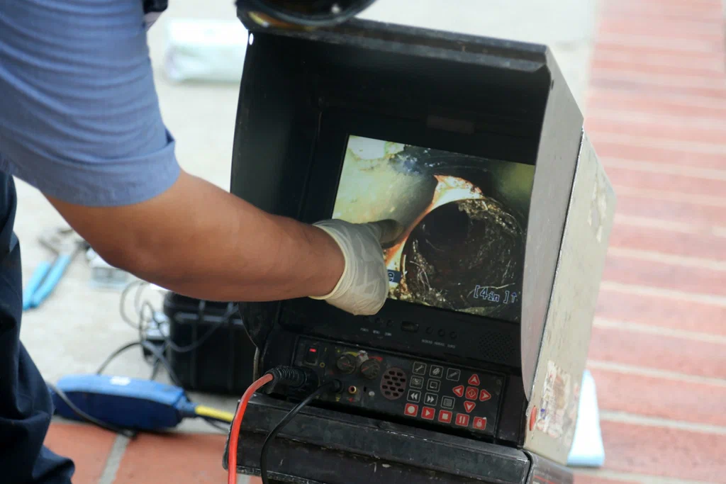 Technician viewing a drain inspection camera in Hollywood