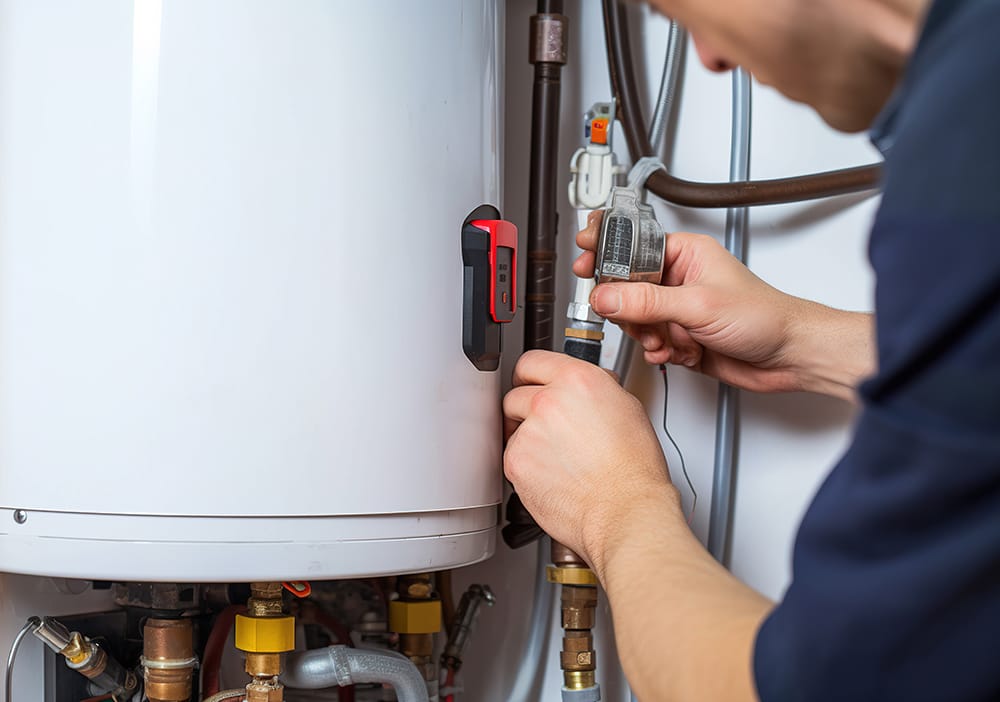 Technician repairing pipes connected to a water heater in Hollywood